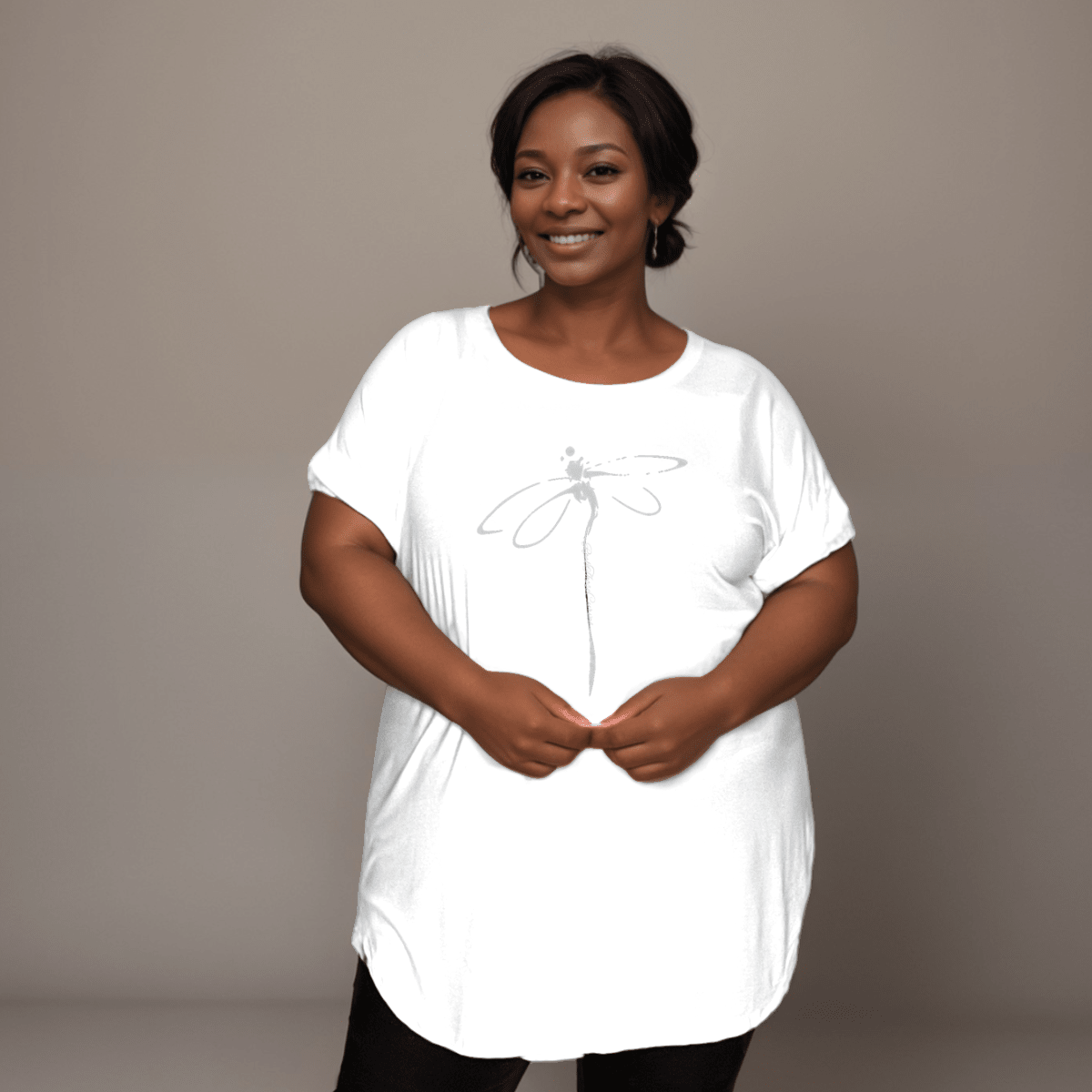 Plus‑Size Coloured Dragonfly Short Sleeve Dipped Hem T‑Shirt