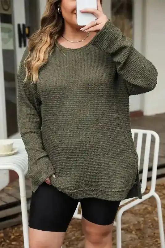 Moss Green Textured Knit Top | Plus Size Long Sleeve