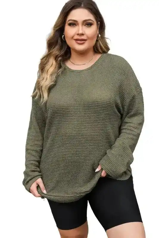 Moss Green Textured Knit Top | Plus Size Long Sleeve