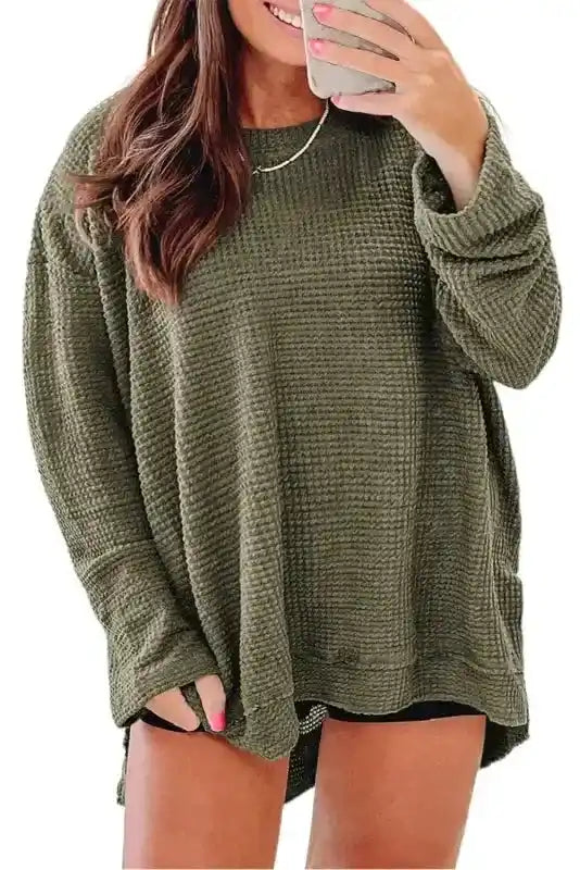 Moss Green Textured Knit Top | Plus Size Long Sleeve