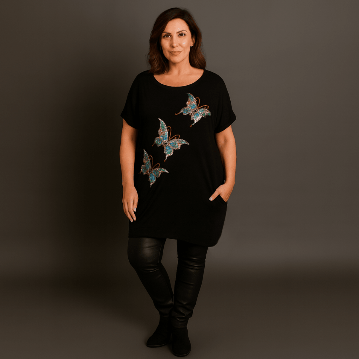 Sequin Butterfly Dipped Hem Top with Pockets