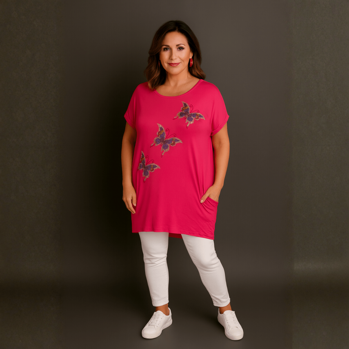Sequin Butterfly Dipped Hem Top with Pockets