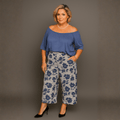 Grey Blue Floral Elastic Waist 3/4 Length Palazzo Trousers / Culottes