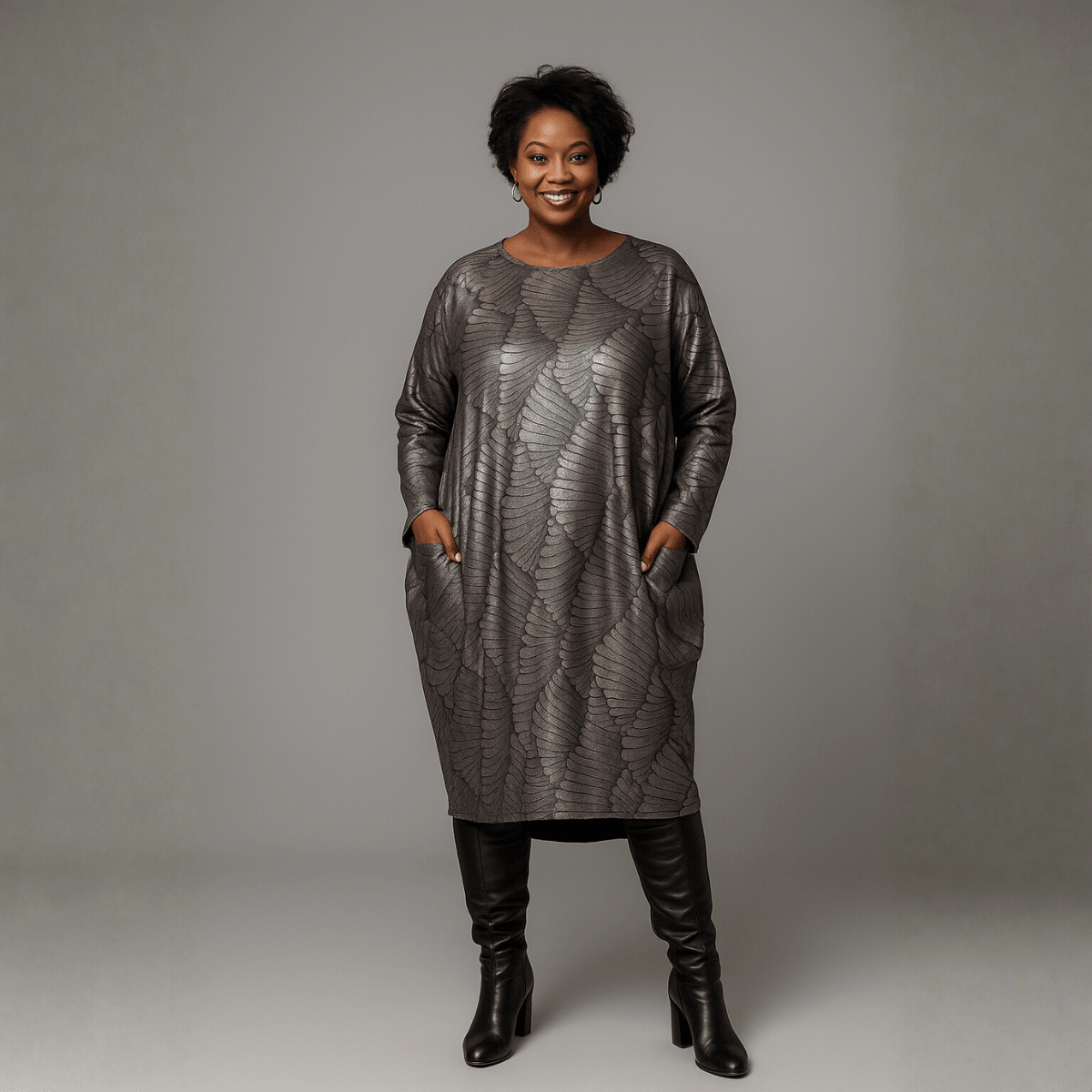 Pewter Metallic Loose Fit Dipped Hem Pocket Dress