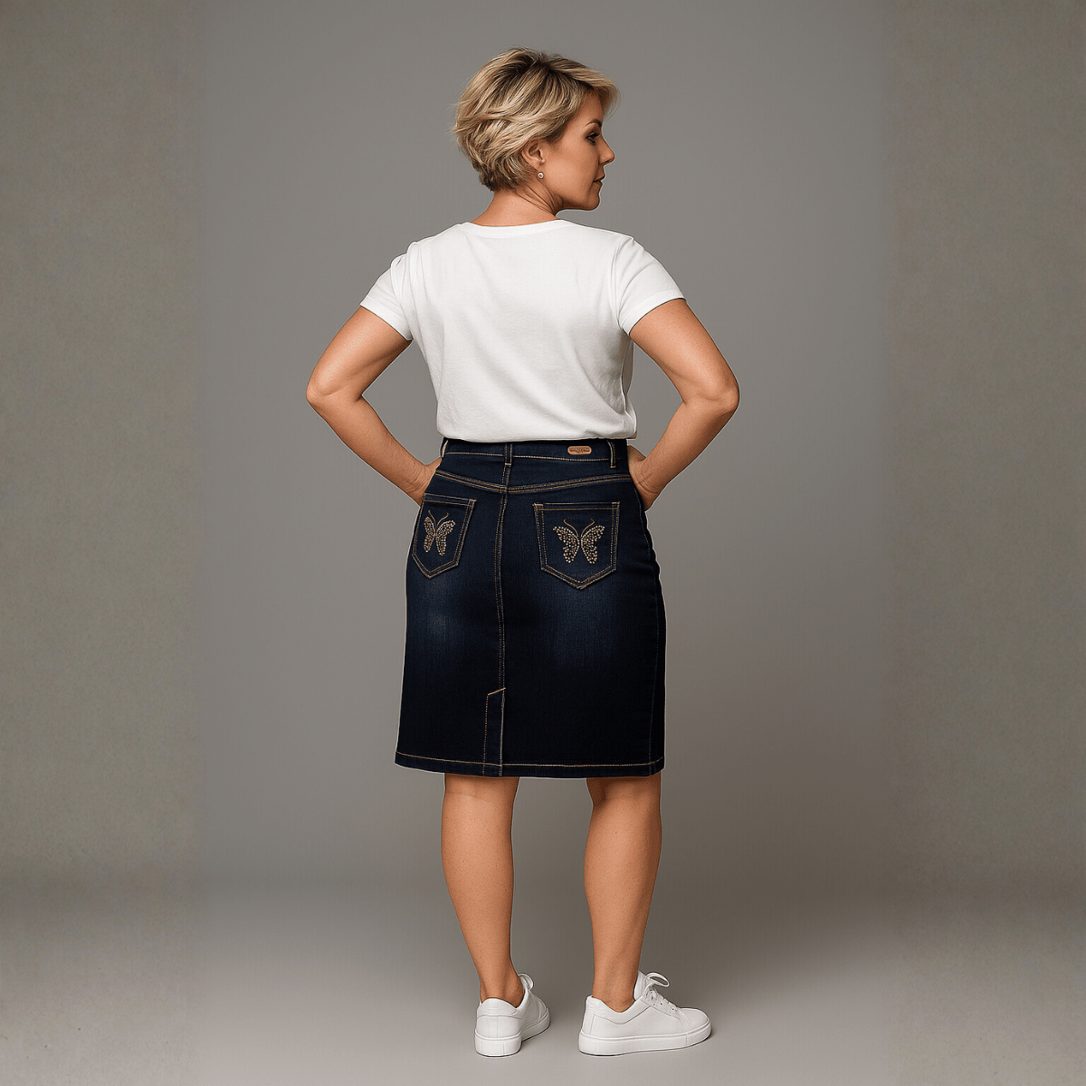 Dark Blue Denim Skirt with Studded Butterfly Pockets