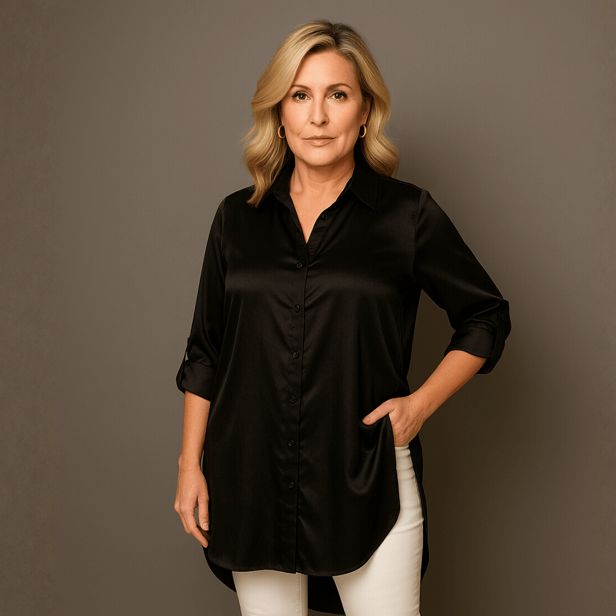 Dipped Hem Satin Shirt with 3/4 button Tab Sleeves