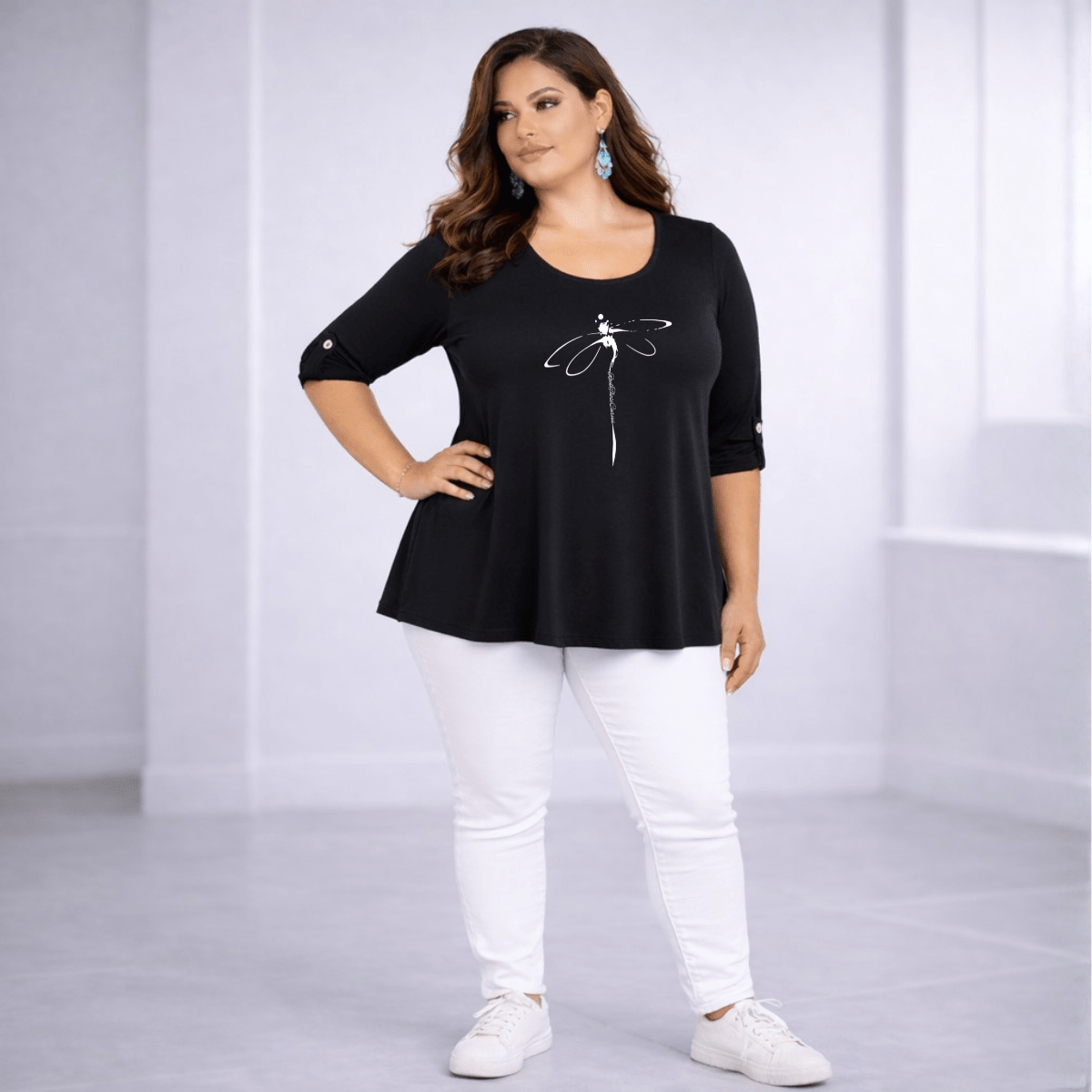 Dragonfly Button Sleeve Swing Top