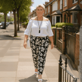 Black White Bold Floral Elastic Waist Trousers