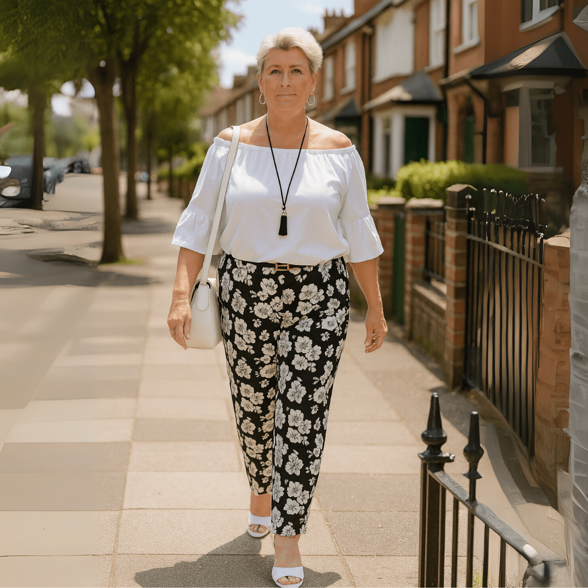 Black White Bold Floral Elastic Waist Trousers