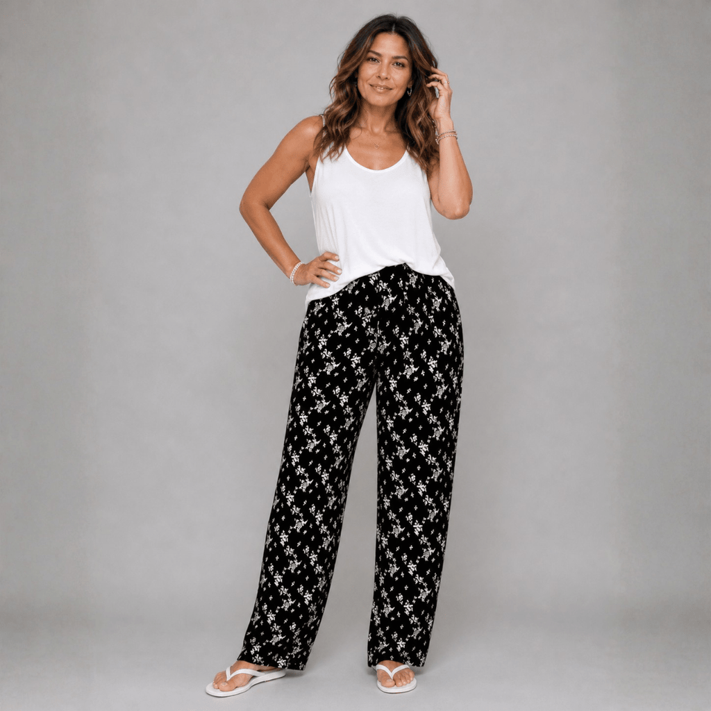 Black White Floral Elastic Waist Trousers