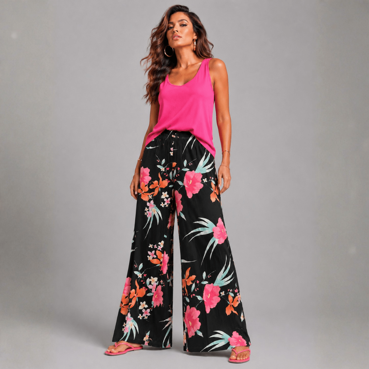Black Multi Tropical Palazzo Trousers