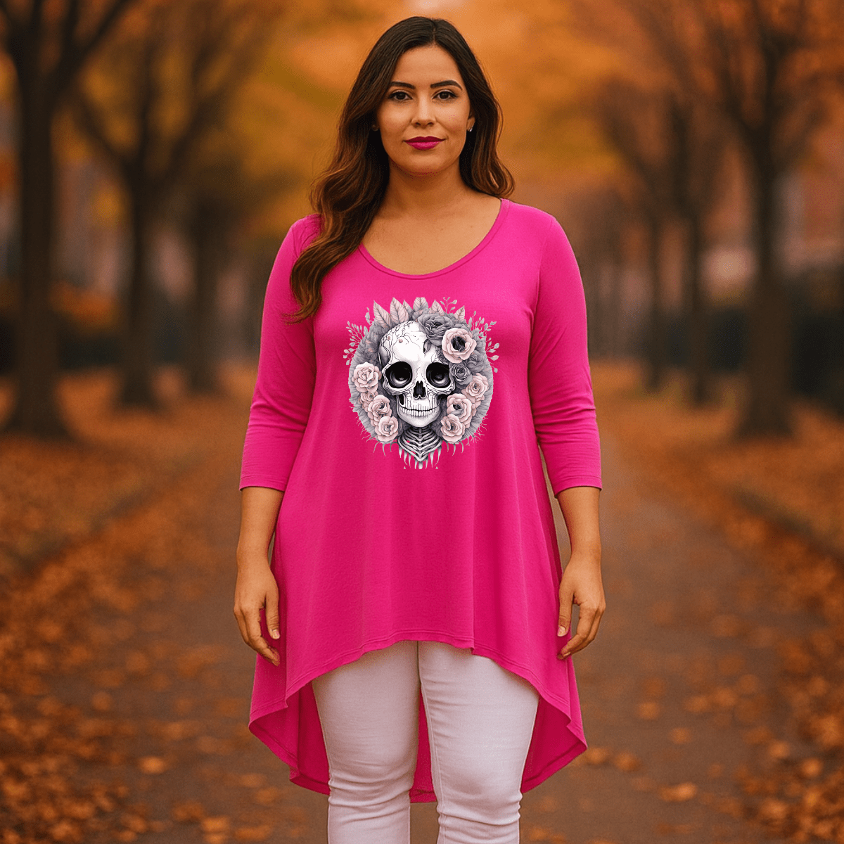 Pink Skull 3/4 SLEEVE DIPPED HEM TOP