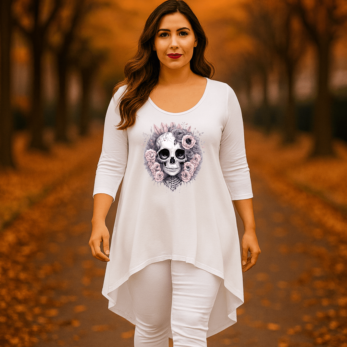 Pink Skull 3/4 SLEEVE DIPPED HEM TOP