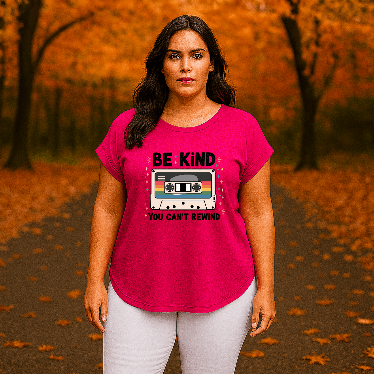 Dipped-Hem T-Shirt with Retro Be Kind Print