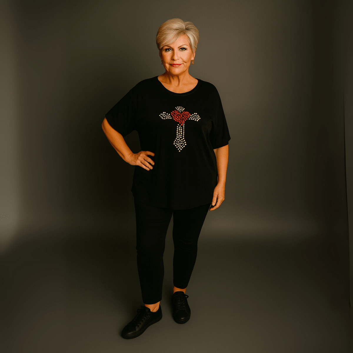 Soft Stretchy Short Sleeve Cross Studded Top
