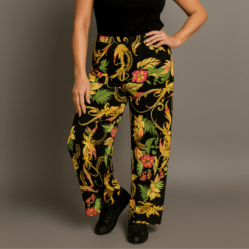 Black Yellow Tropical High Waist Palazzo Trousers