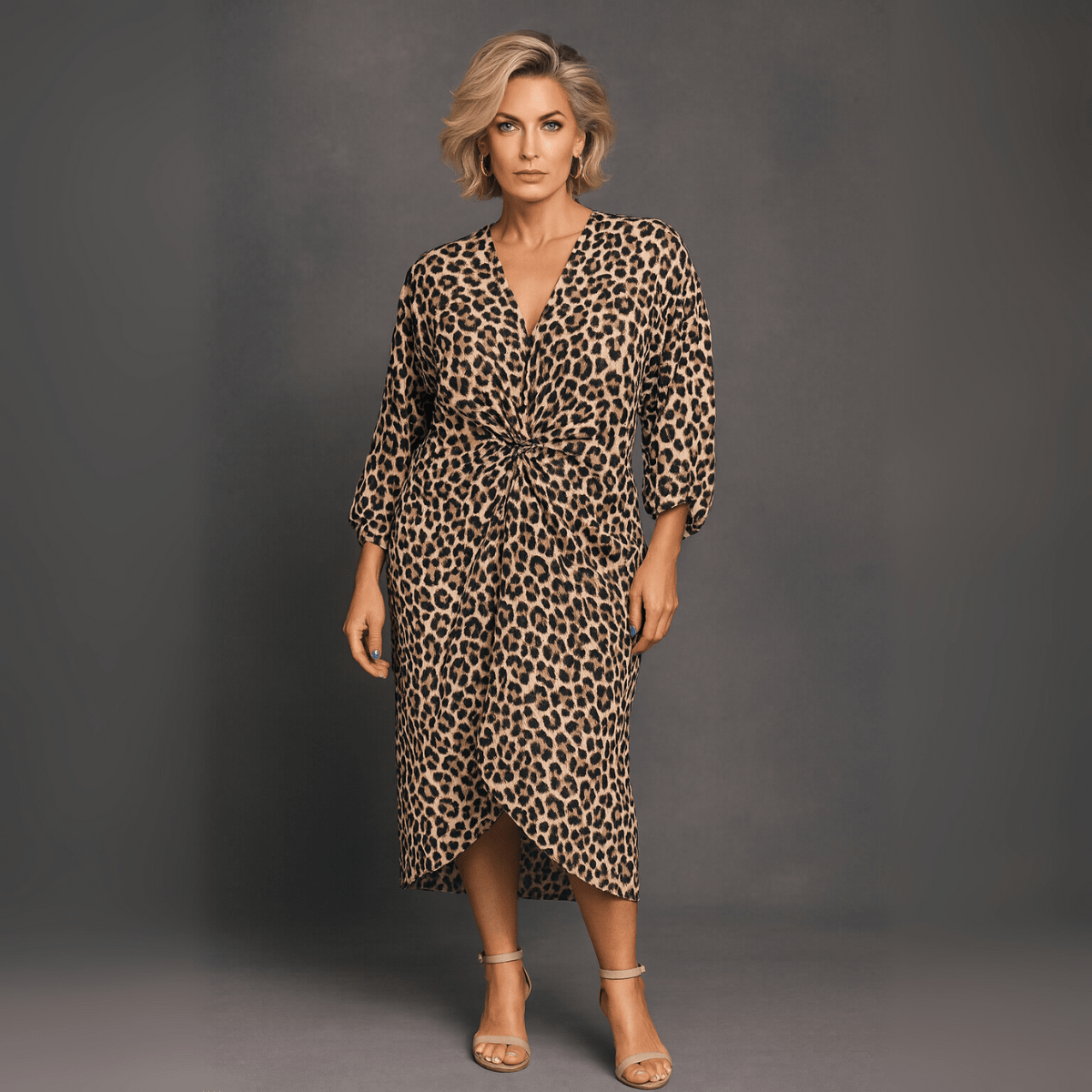 Leopard Print Loose Fitting V-Neck Knot Front Dress