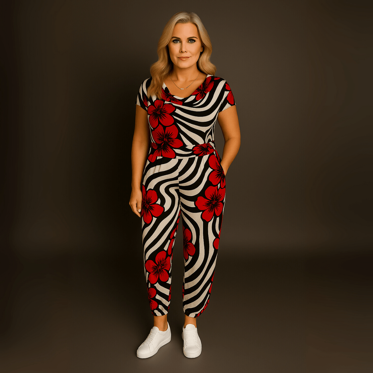 Cowl-Neck Cap-Sleeve Jumpsuit with Side Pockets