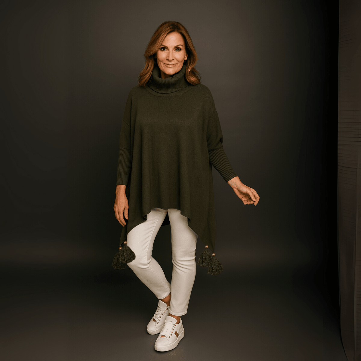 Polo Neck Oversized Jumper with Tassle Detail