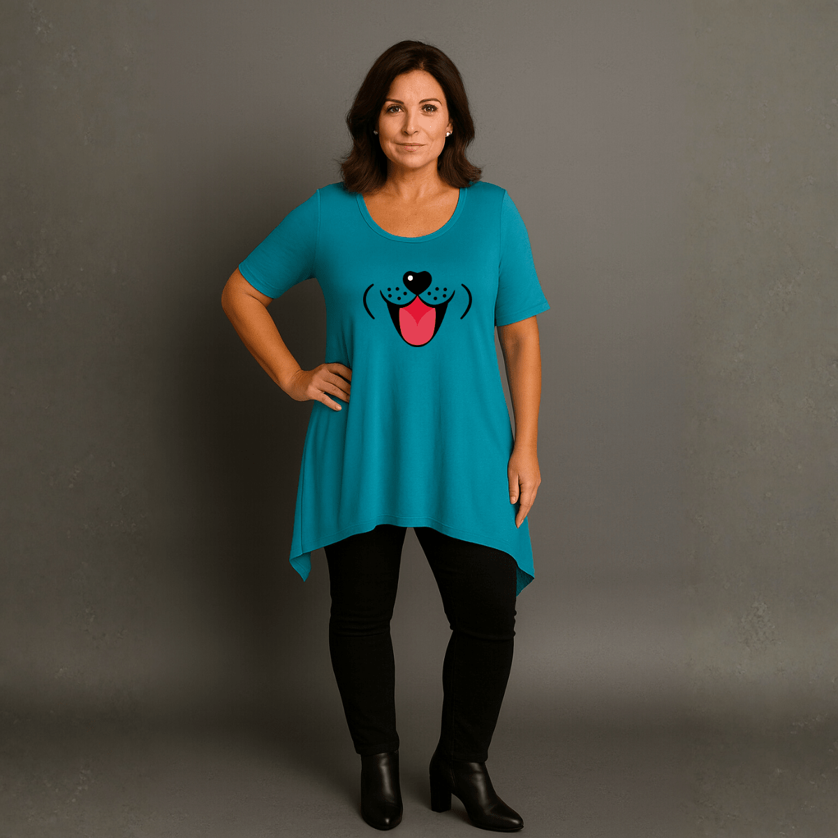 Fun Dog Face Long Length Hanky Hem Swing Top