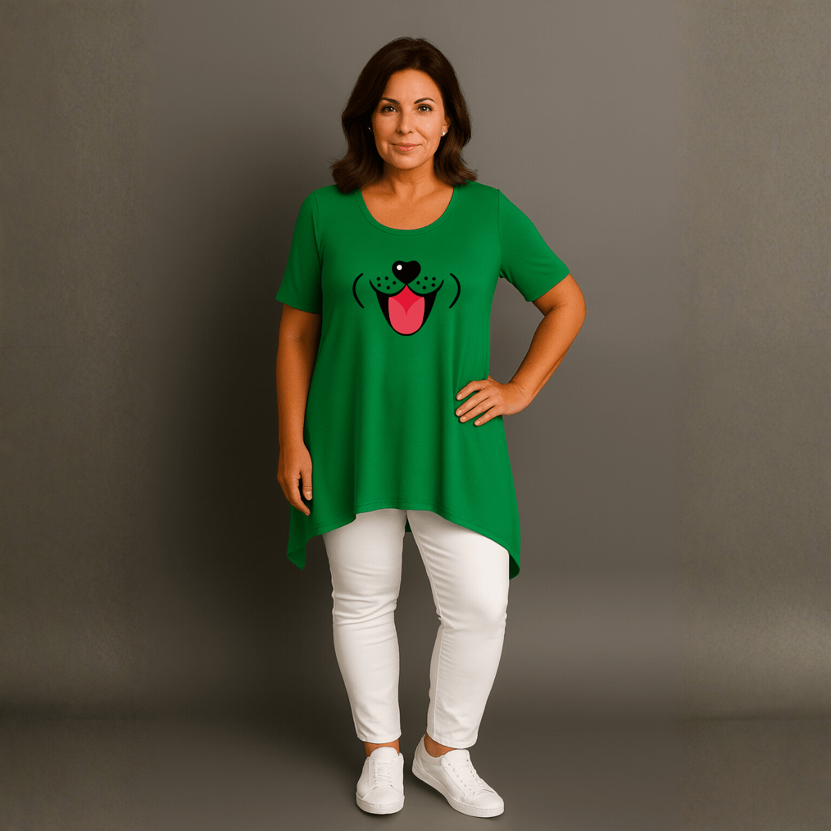 Fun Dog Face Long Length Hanky Hem Swing Top