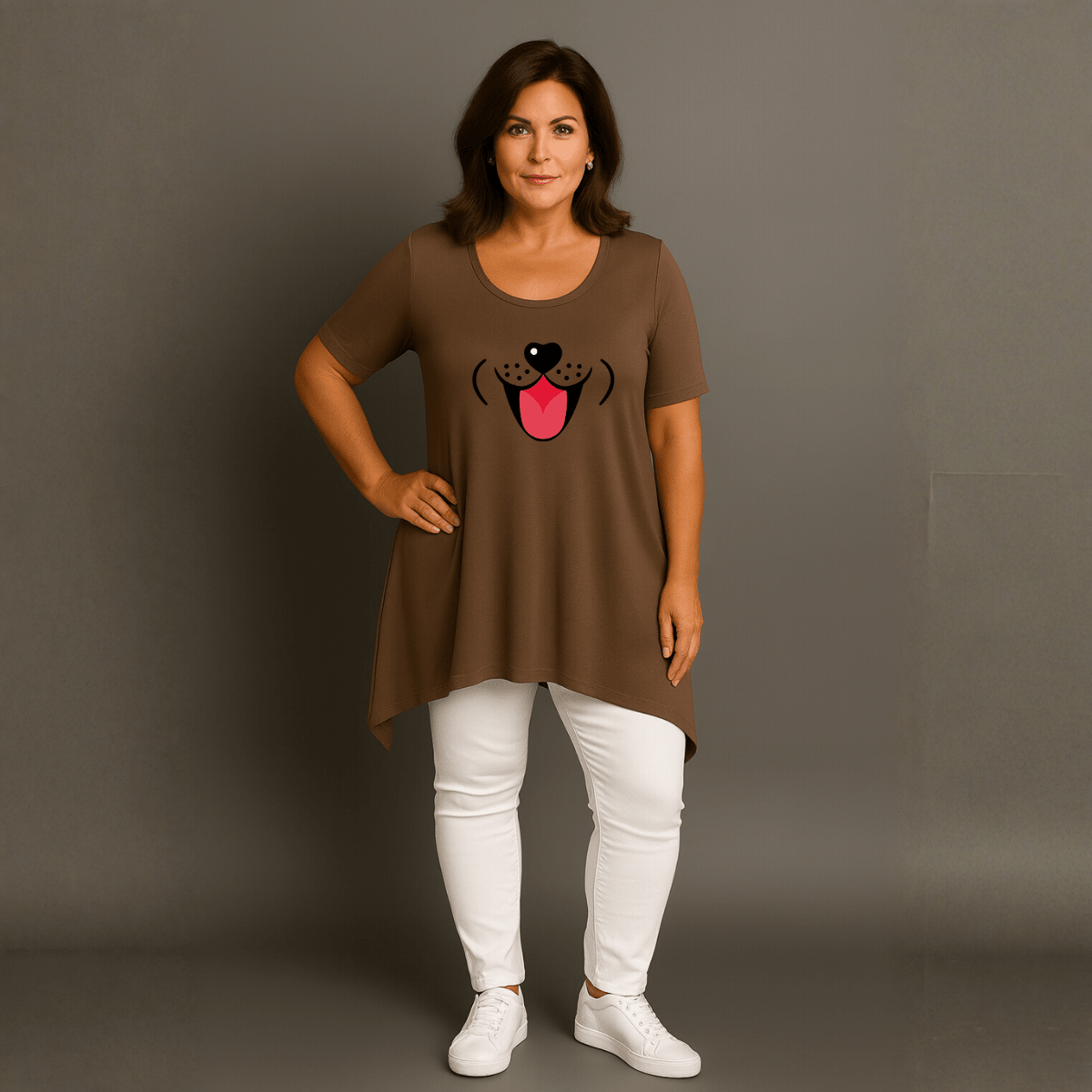 Fun Dog Face Long Length Hanky Hem Swing Top