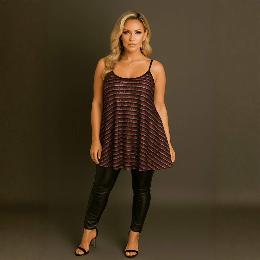 Sparkly Striped Strappy Long Length Swing Top