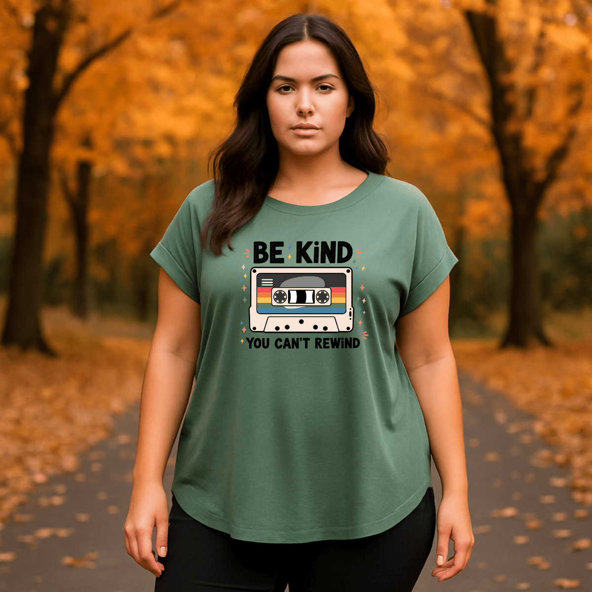 Dipped-Hem T-Shirt with Retro Be Kind Print