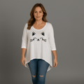 Cat Face 3/4 Sleeve Dipped Hem Top