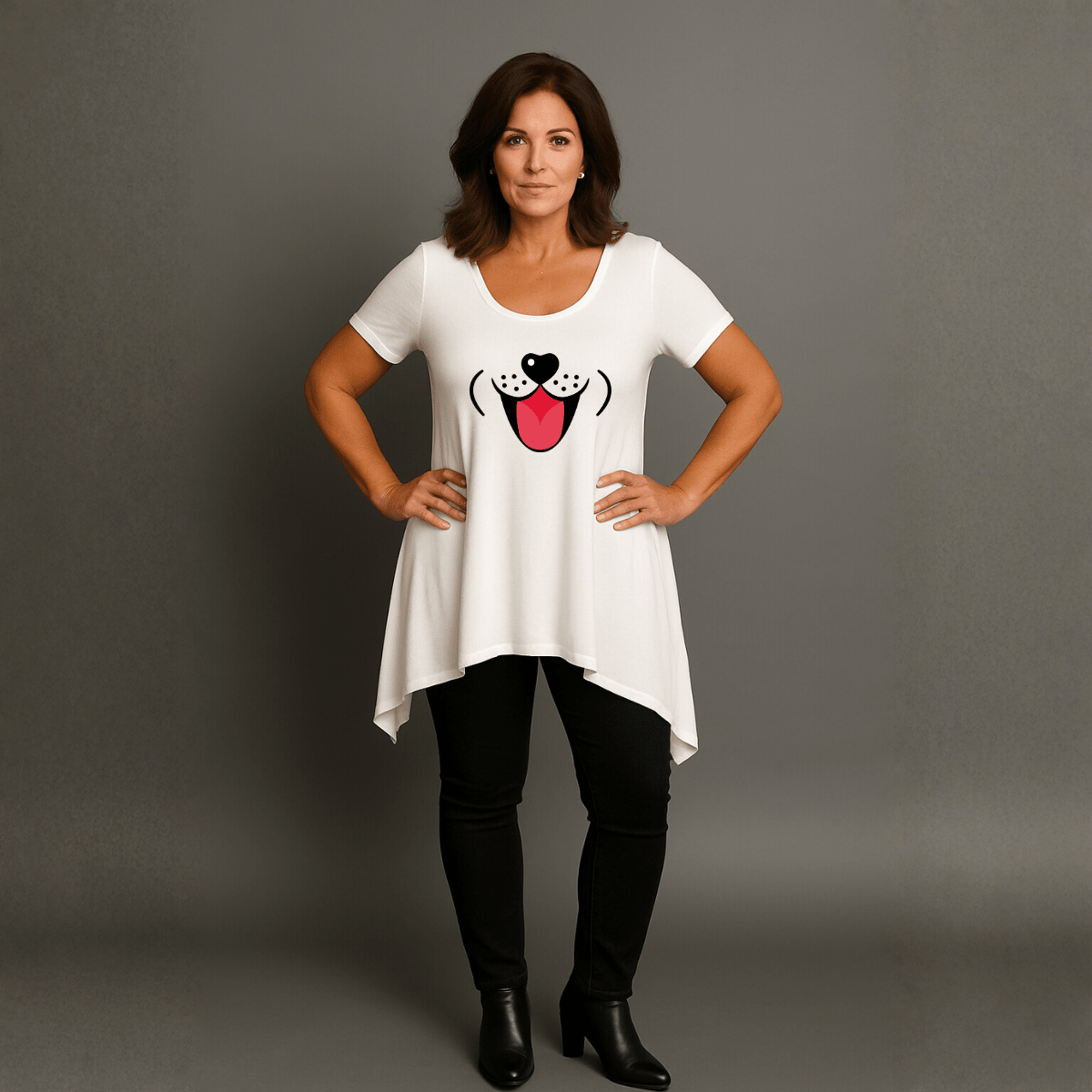 Fun Dog Face Long Length Hanky Hem Swing Top