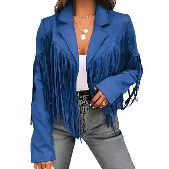 Women’s Blue Suede Tassel Lapel Cropped Motorcycle Jacket